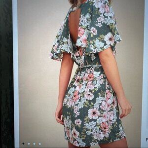 Sage Green Floral Print open back Dress